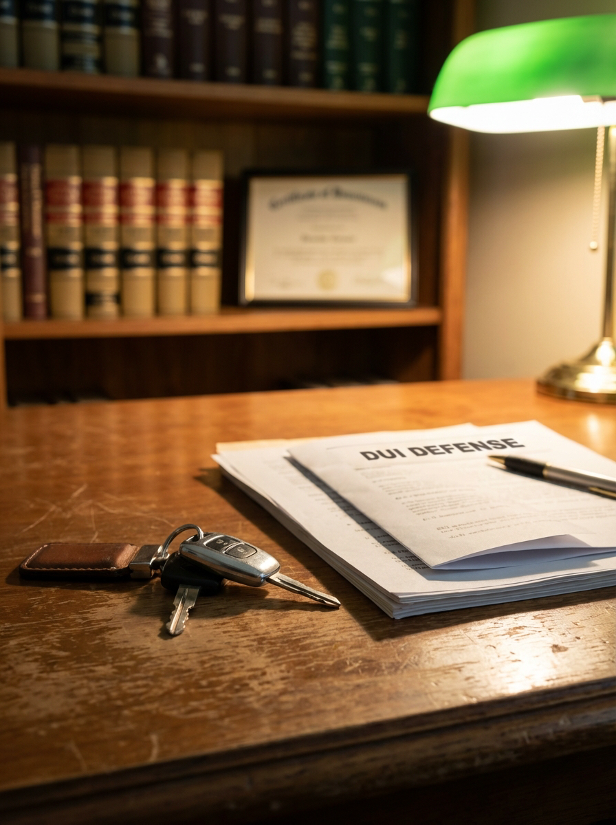 DUI defense case file with car keys on attorney's desk, law books in background
