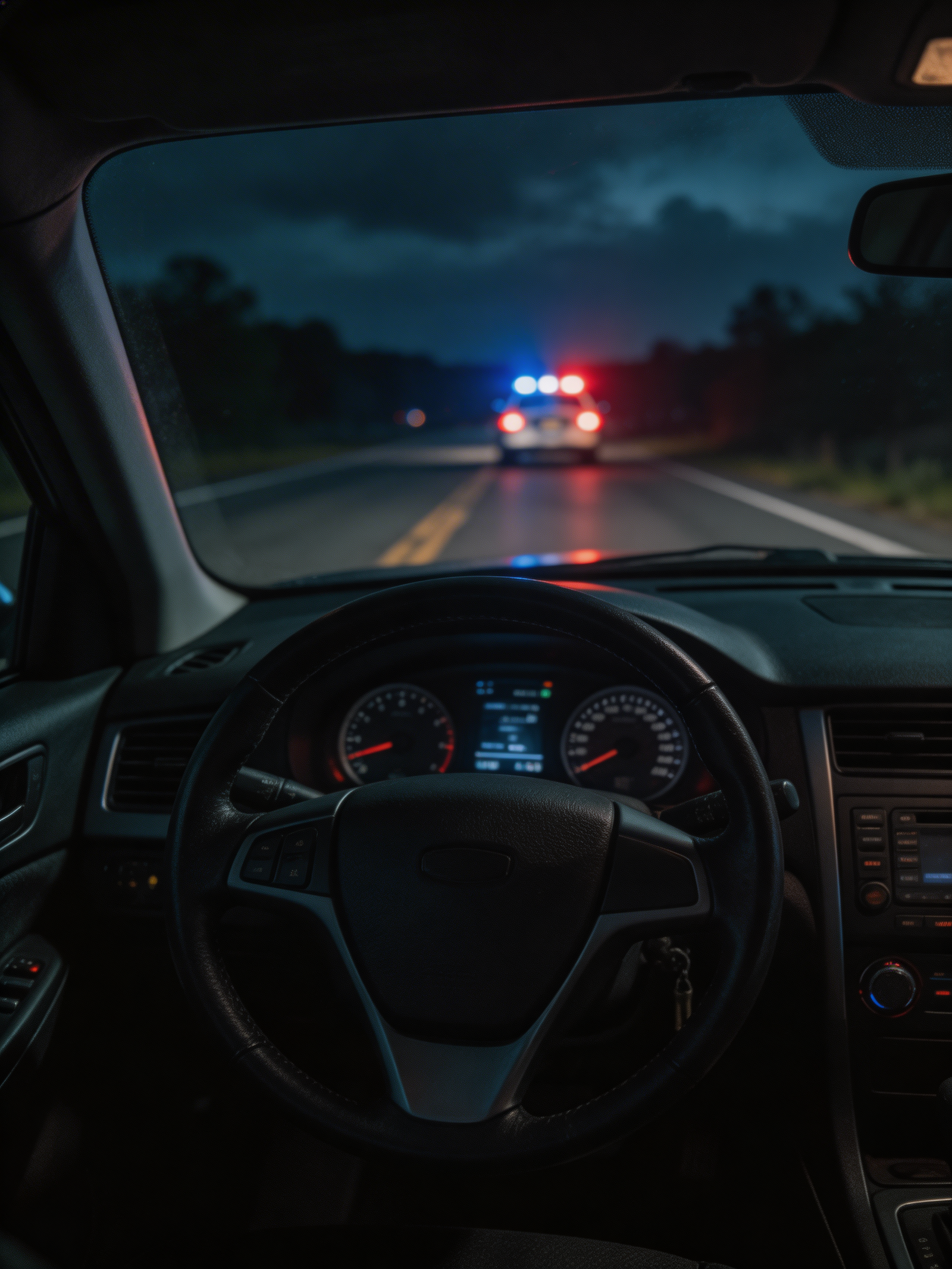 Vista desde el interior de un vehículo con luces policiales visibles adelante en una carretera oscura de Florida